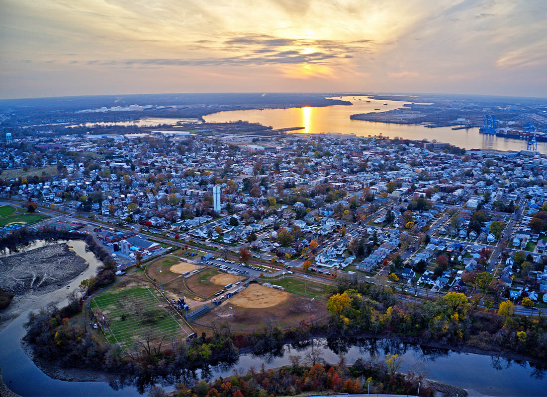 Secaucus, NJ - Aerial View of Town in New Jersey at Sunset